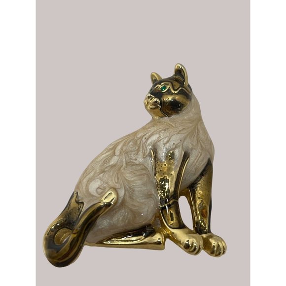 Enamel Goldtone Green Rhinestone Eyes Kitty Cat Brooch - Picture 1 of 4